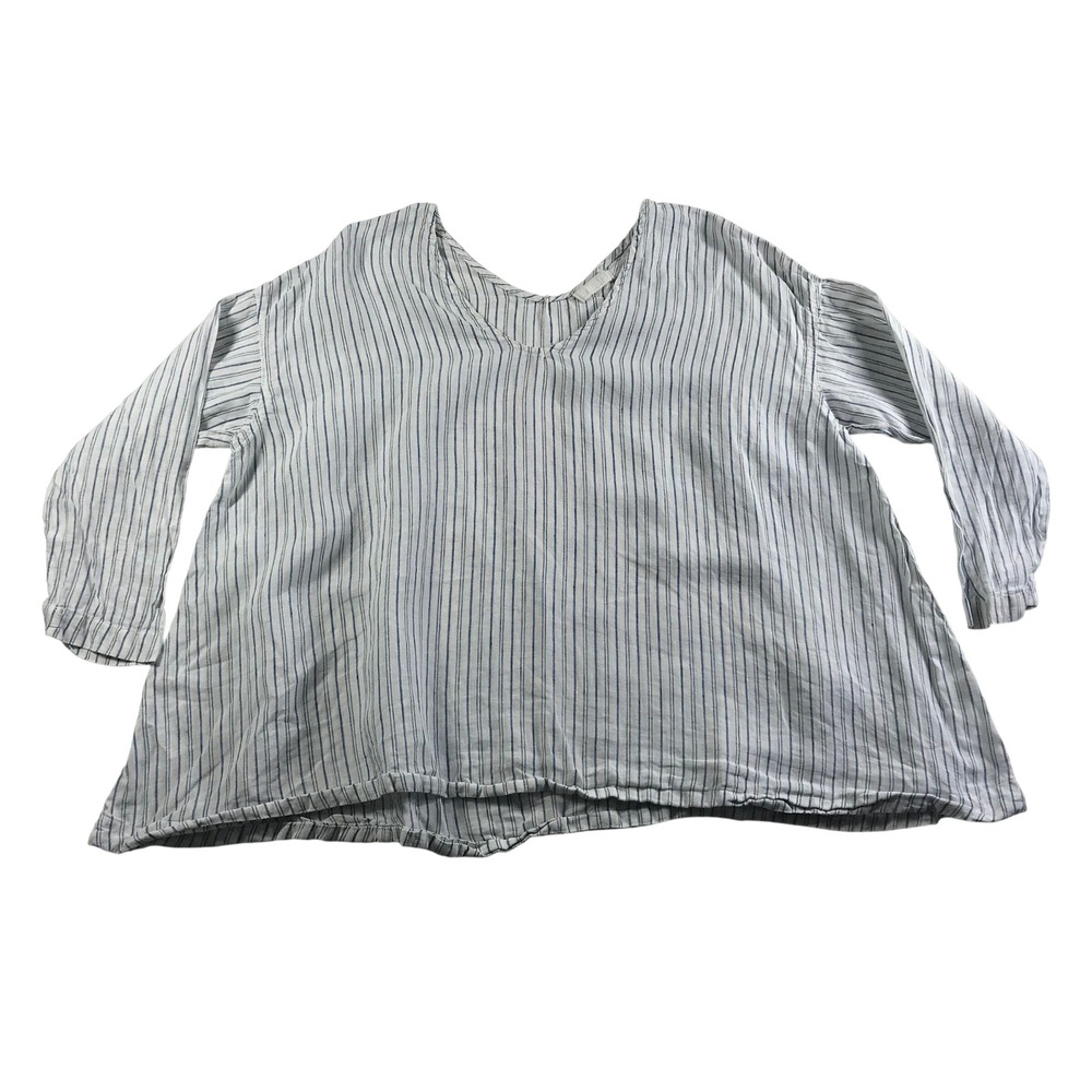 CP Shades Womens Large Linen Striped V-Neck Tunic Top Blue White Made in USA